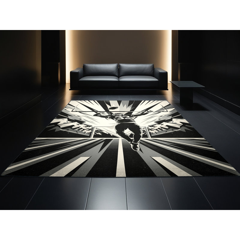 Machine Washable Takengon American Football Touchdown Scene Bold & Eclectic Modern Geometric Rug in Green – Black Binding