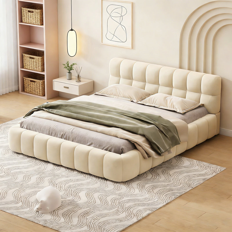 Grand lit plateforme tapissier avec tissu épais, lit au sol avec structure solide, élégant et confortable, Beige