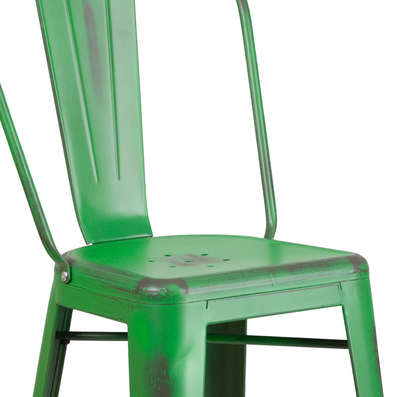 Commercial Grade Distressed Metal Indoor-Outdoor Counter Height Stool with Back, Green, Bar Stool (30" Seat Height)