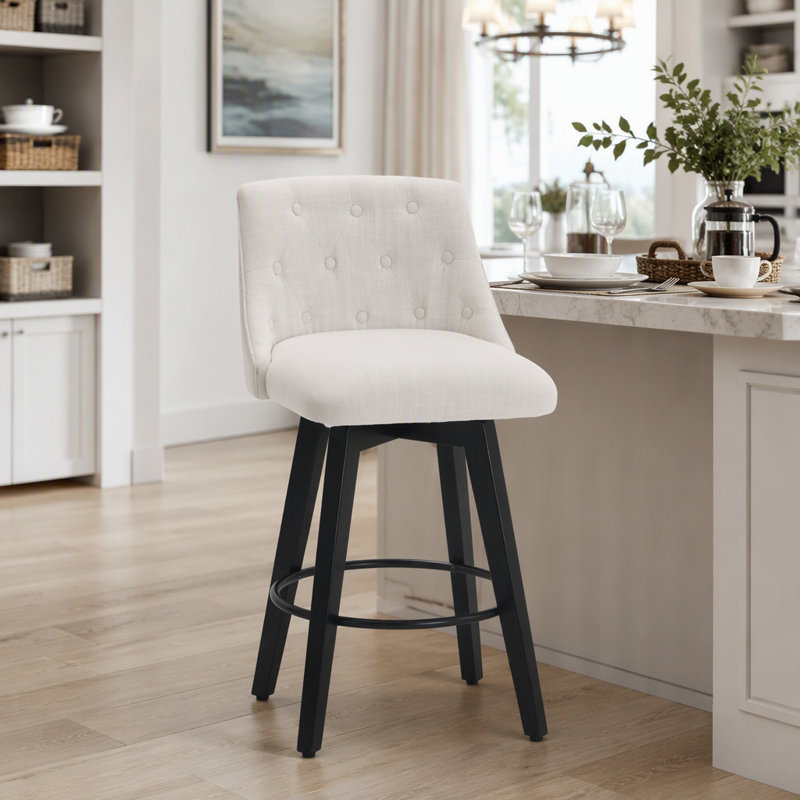 Chaises de comptoir pivotantes, tissu en lin moderne avec dossier capitonné, tabourets de bar élégants, ensemble de 2 pour bar, îlot de cuisine, salle à manger, blanc