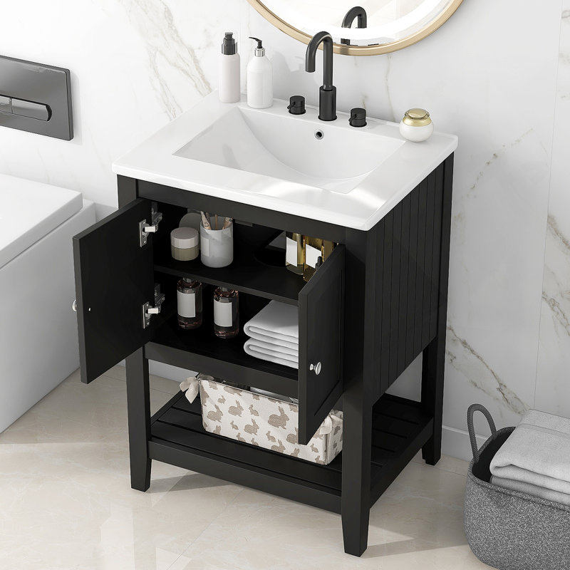 24" Black Modern Sleek Bathroom Vanity Elegant Ceramic Sink with Solid Wood Frame Open Style Shelf