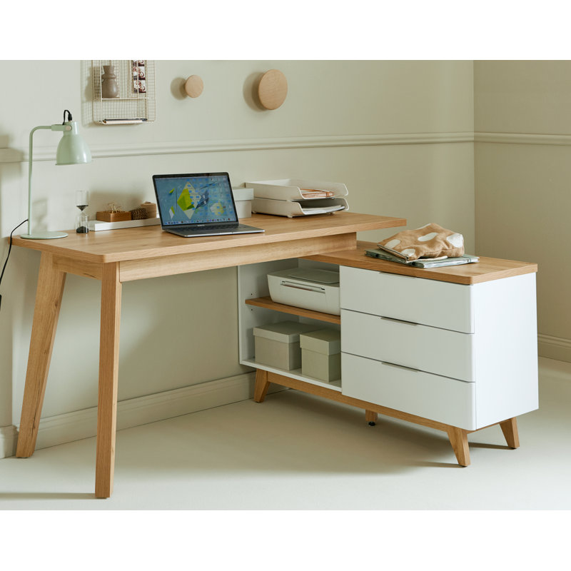 Bureau d'écriture en L 55,12 po avec armoire de rangement, Blanc mat/chêne