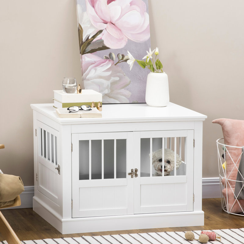 Table de bout pour chien, blanc. Pour les petits chiens, possède un grand espace de table, trois portes, une partie à verrouillage magnétique, des tubes en acier pour cage, une surface de table spacieuse, une pièce de joint, un tube