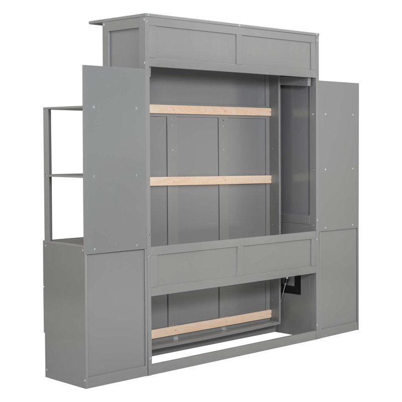 Lit escamotable avec bibliothèque, tiroirs et lumières DEL, lit plateforme, lit avec rangement , Double, gris