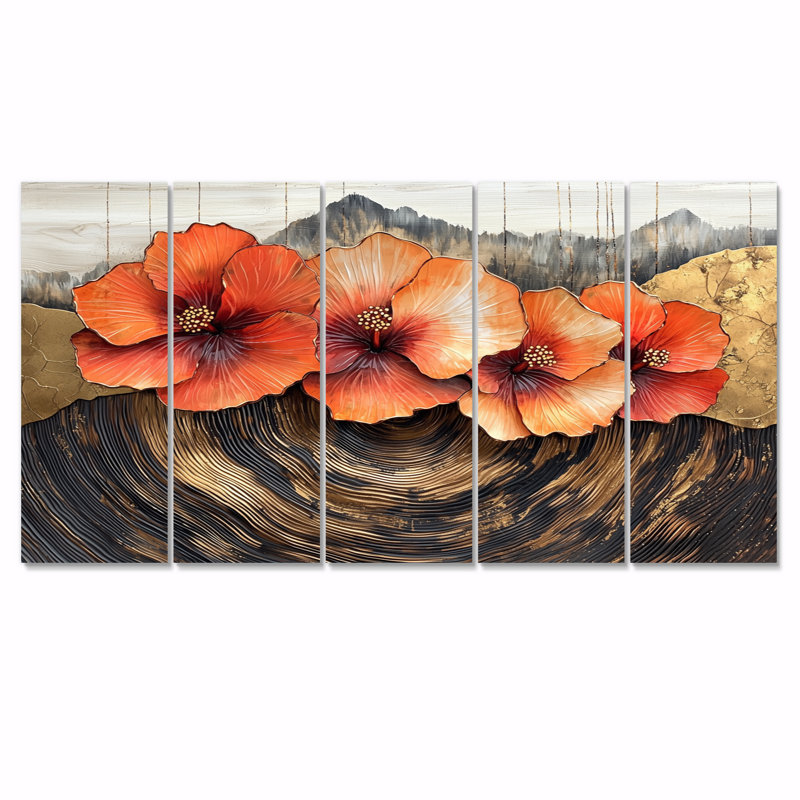 Hibiscus en fleurs sur un horizon en bois III - Hibiscus Wall Decor - Art mural traditionnel, H 32 po x l 80 po, 5