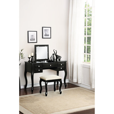 Meuble-lavabo de chambre à coucher avec tabouret, finition noire, panneau rabattable, bois d'hévéa, espace contemporain et tiroir de style moderne, peuplier