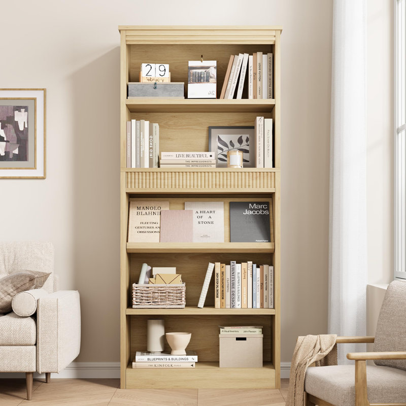 Bibliothèque de campagne 71 pouces à double cannelure, bibliothèque en bois à 5 niveaux avec base robuste, Brun