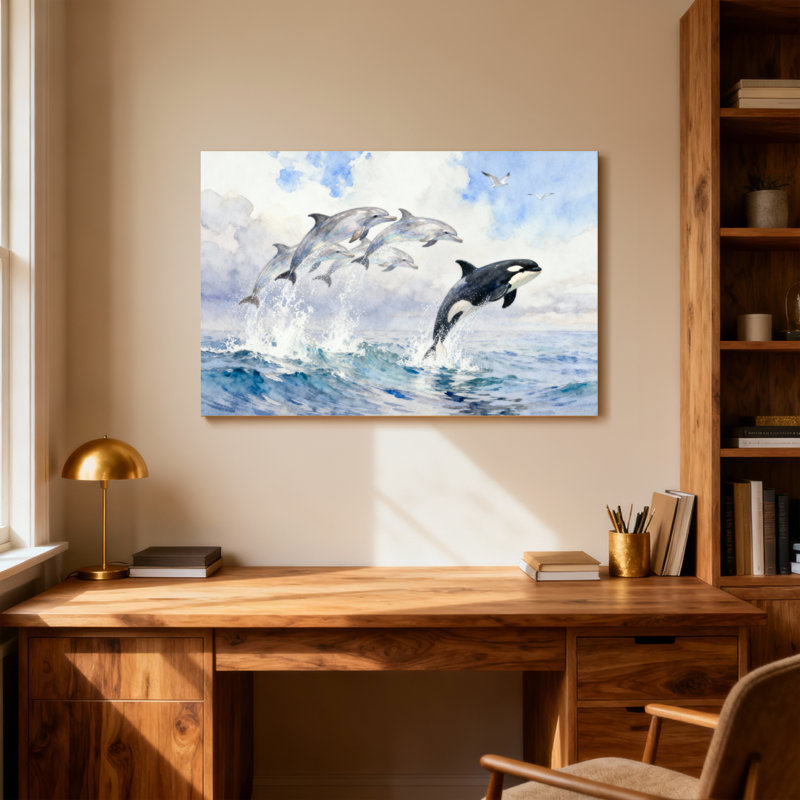 Animaux, dauphins, saut, océan, vagues, ciel, mouettes, H 24 po x l 36 po