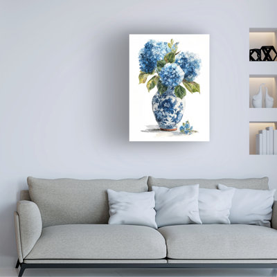 Wrapped Canvas Wall Art - Imagine It Images 'Blue Hydrangeas in a Chinoiserie Vase 2' Wall Art for Living Room, Bedroom, or Office Décor  - 35x47