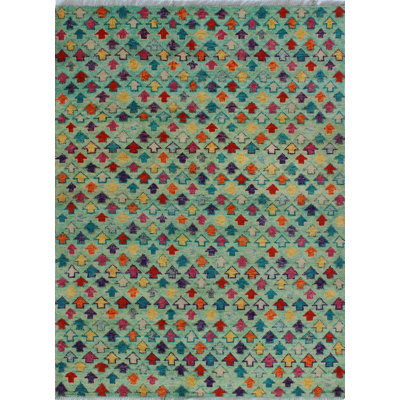 Tapis de zone en laine vert noué la 4 pi 8 po x 6 pi 6 po one-of-a-kin Altoona