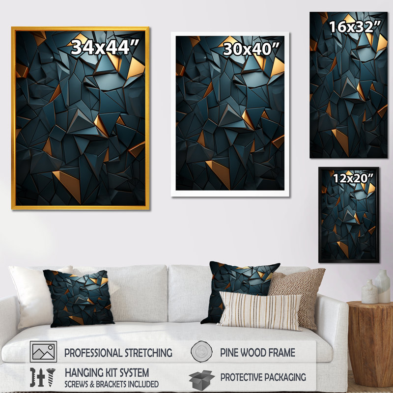 Élégance géométrique foncée dorée - tuile abstraite, art mural, Toile tendue, H 20 po x l 12 po x P 1 po