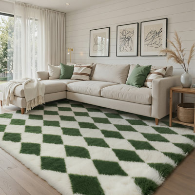 Machine-Washable Checkered Shag Area Rug