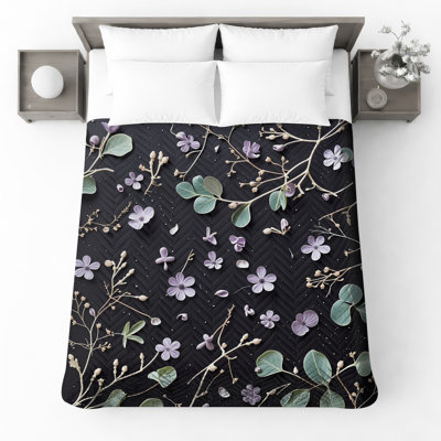 Purple Floral Composition Quilted Bedspread All Sizes