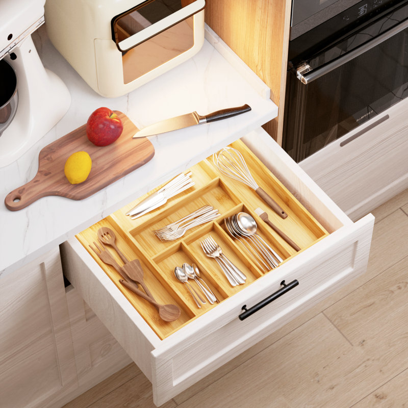 Kitchen Utensil Silverware Drawer Organizer - Bamboo Flatware Cutlery Tray With 5 Compartment And 2 Expandable Dividers For ALL SIZE Forks Knives And Spoons