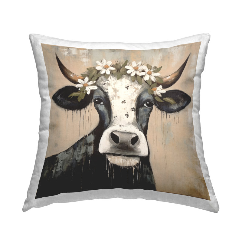 Coussin décoratif moderne Modern Cow & Daisy Crown par Lazar Studio