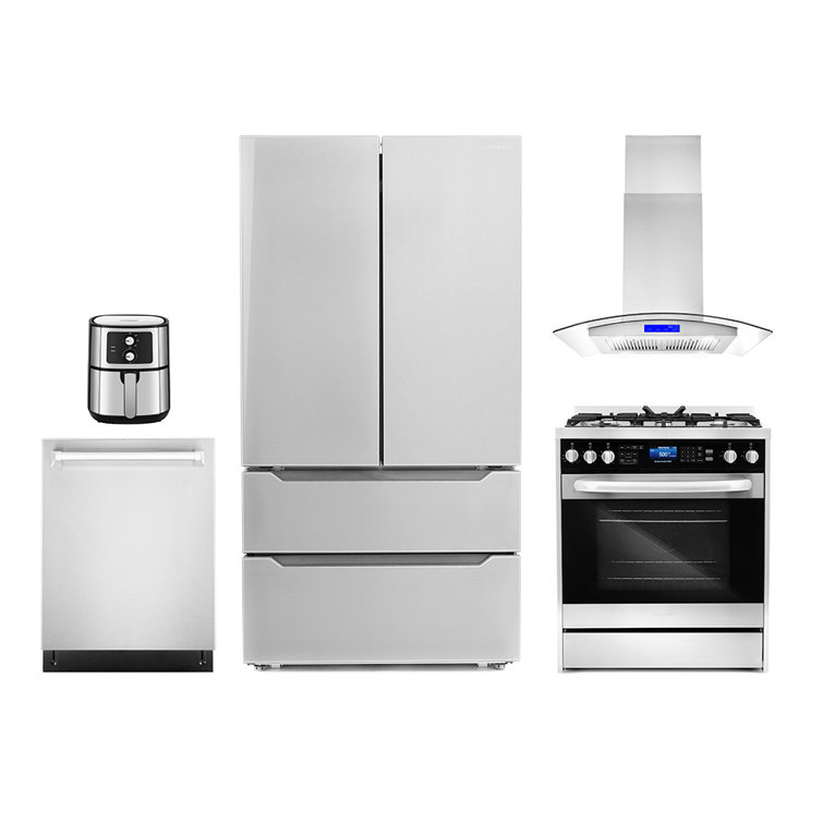 5 Piece Kitchen Package with 30" Freestanding Dual Fuel Range  30" Island Range Hood 24" Built-in Fully Integrated Dishwasher,  French Door Refrigerator & 5.5L Electric Hot Air Fryer