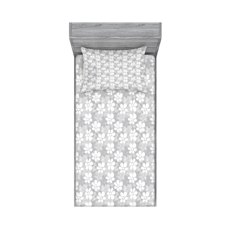 Microfiber Floral Sheet Set, Twin Sheet Set with Fitted Sheet, Gray/White Floral