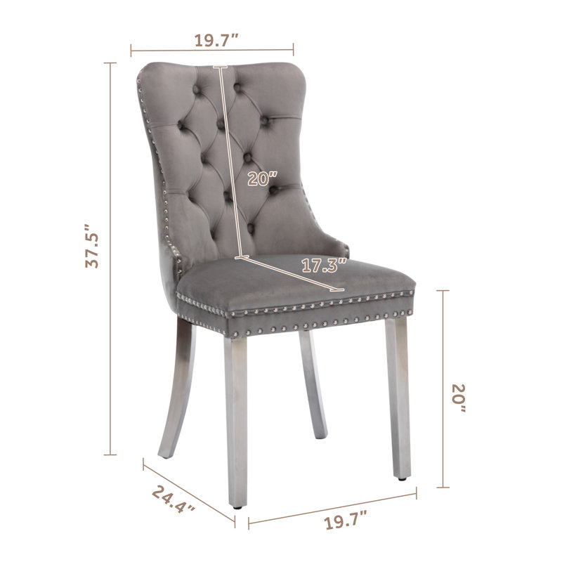 Gray Velvet Tufted Upholstered Side Chair with Silver Metal Legs, Set of 6