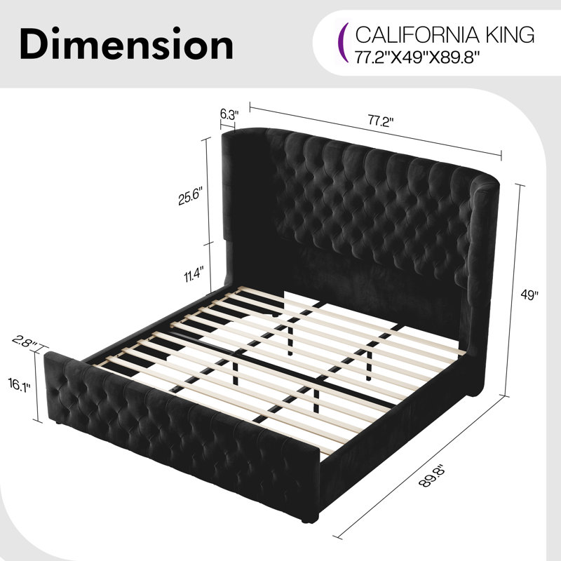 Deep Tufted Headboard Upholstered Wingback Bed, Black, California King