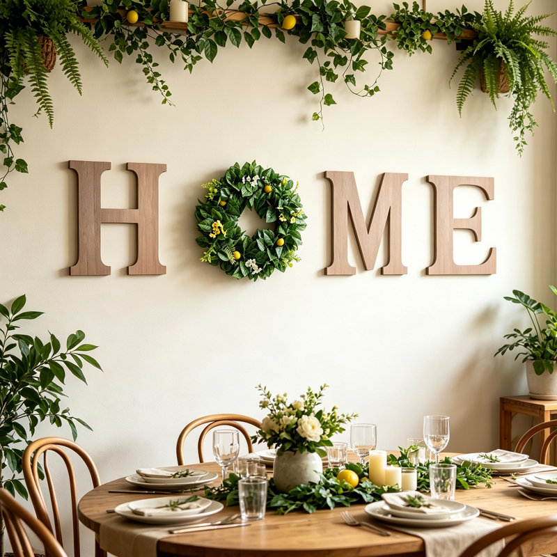 HOME Wood Letters With Artificial Flower Wreath Wall Front Door Decor, Wooden Decorative Sign Modern Farmhouse Decor Flower Garland Decoration Hanging For Entryway, Kitchen, Housewarming Present