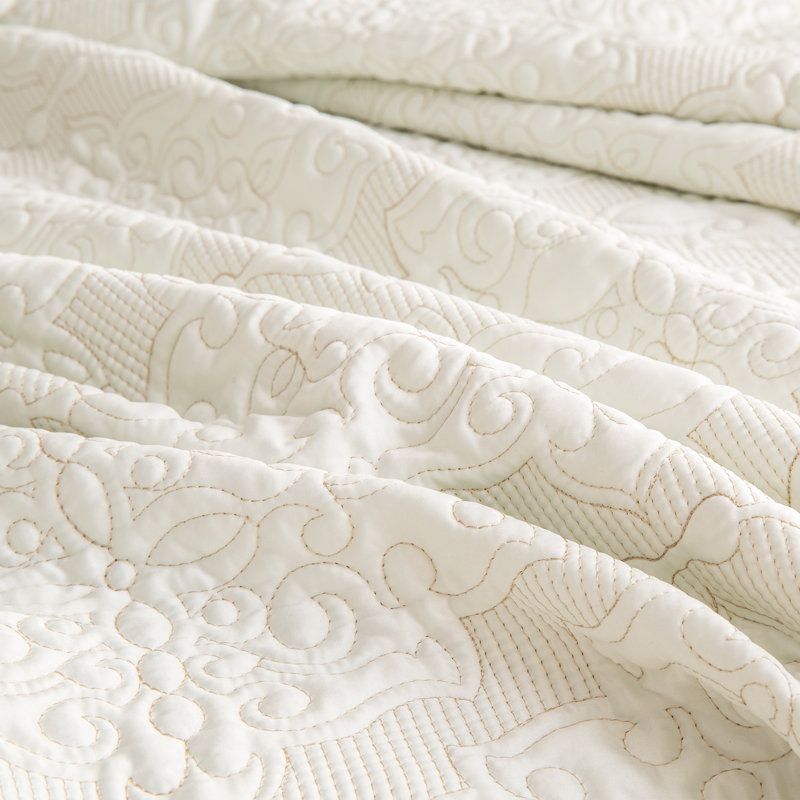 Luxurious Queen Cream Satin Reversible Quilt Set with Embroidery