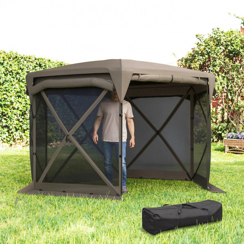 11x11ft Pop Up Gazebo Screen Tent, UPF30+ Removable Roof, 4 Roll-up Wind Panels, Carry Bag, Brown