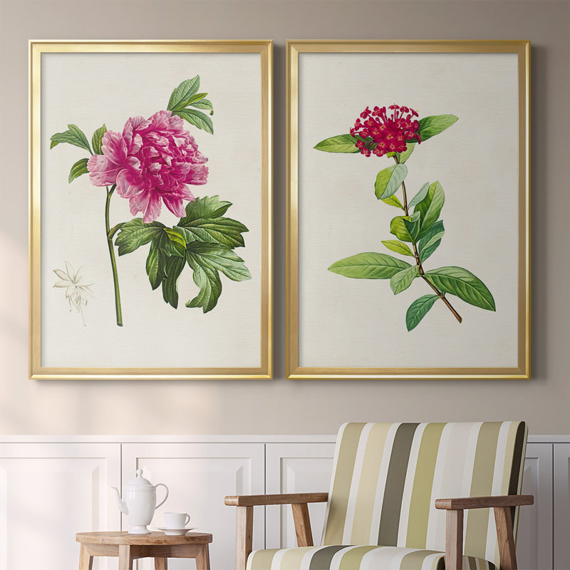 «Pretty Pink Botanicals I», ensemble de 2 reproductions d'art sur toile encadrées, Or, H 30,5 po x l 45 po x P 1,25 po
