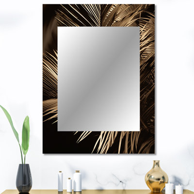 Sépia Serenity Palm Leaves I - miroir mural décoratif palmiers, grand miroir beige, reproduction d'art en métal
