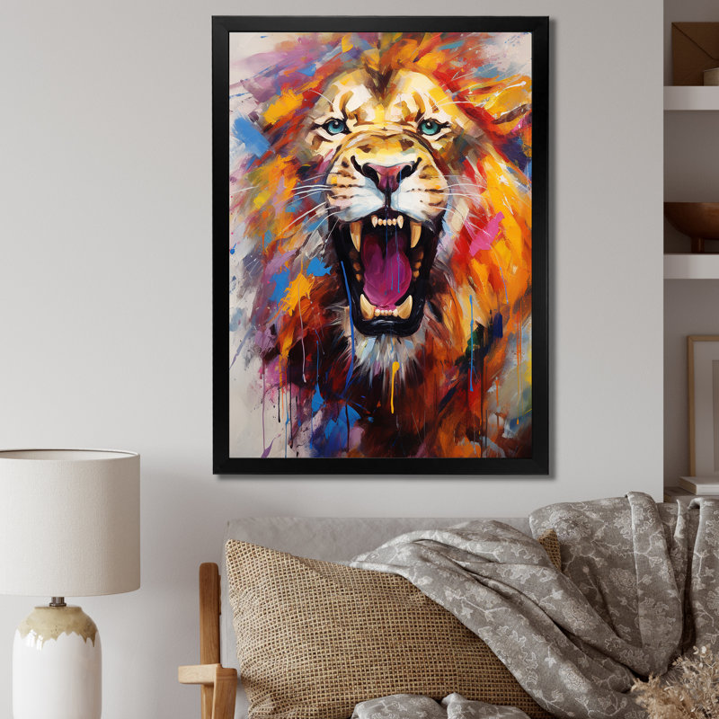 Abstrait lion rugissant - Lion, art mural, Cadre simple noir, H 20 po x l 12 po x P 1 po