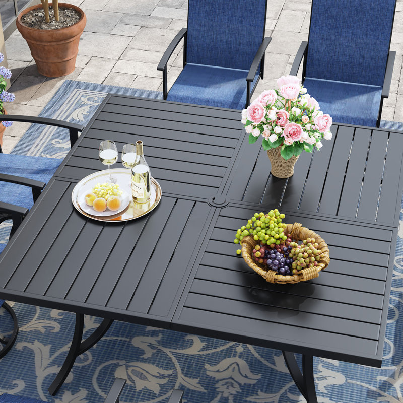 8-Person Square Patio Dining Set With Swivel PVC-coated polyester Chairs, Black/Blue