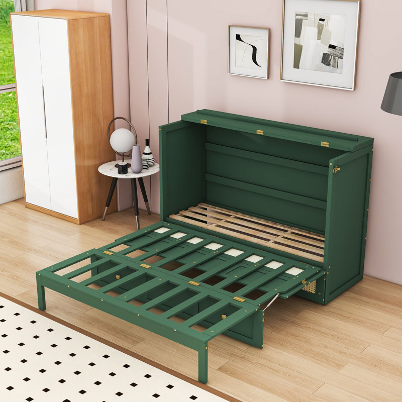 Grand lit escamotable en bois avec tiroirs de rangement, Green