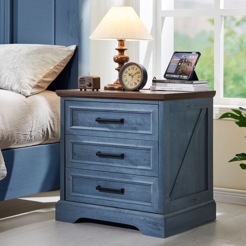 Farmhouse 23.6'' W  Nightstand With Charging Station , Wood End Table With 3 Large Drawers, Blue/Brown