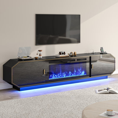 Meuble télé moderne à DEL avec foyer pour téléviseur de 80 po, centre de divertissement avec prises de courant, portes coulissantes, armoires de rangement et tablettes ouvertes