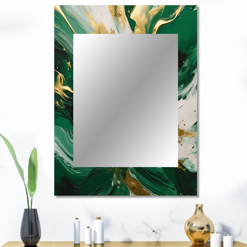 Green and Gold Serene Cascade II - Abstract Decorative Mirror On Metal, 40 po x 30 po