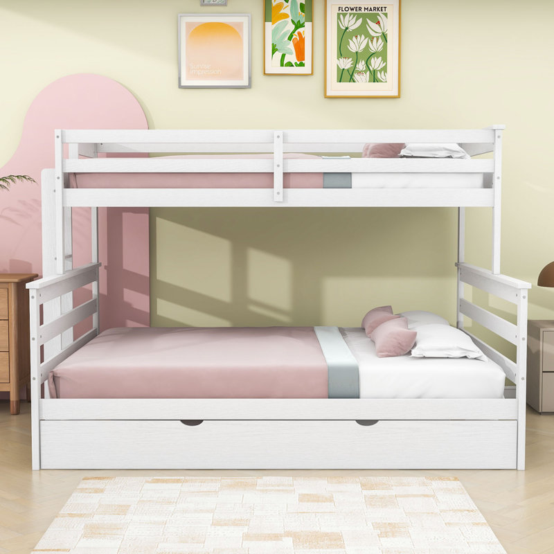 Wood Frame Twin XL Over Queen Bunk Bed with Trundle, White