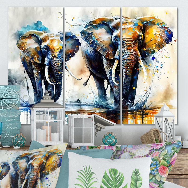 Éléphants qui courent II - impression de 3 pièces, H 28 po x l 36 po x P 1 po, Toile tendue