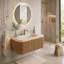 Meuble-lavabo flottant avec lavabo intégré chaud, éclairage à DEL activé par capteur, armoire à grain de bois rayé, tiroir à fermeture en douceur et surface en pierre frittée pré-assemblée.