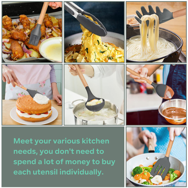 Kitchen Utensils Set,  25 Pieces Soft Silicone Cooking Utensil Set With Holder, Natural Wooden Handle Kitchen Spatula Spoon For Cooking Baking, Non Stick & Heat Resistant,