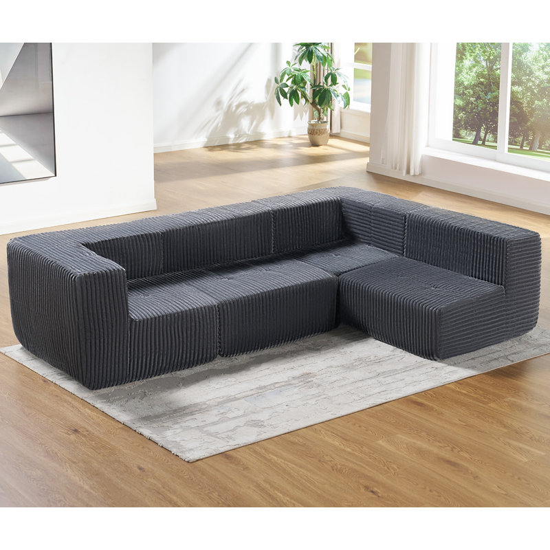 Boneless Modern Modular Sectional Sofa–Oversized Corduroy Couch with Deep Seating & Adjustable Configuration, Gray Corduroy