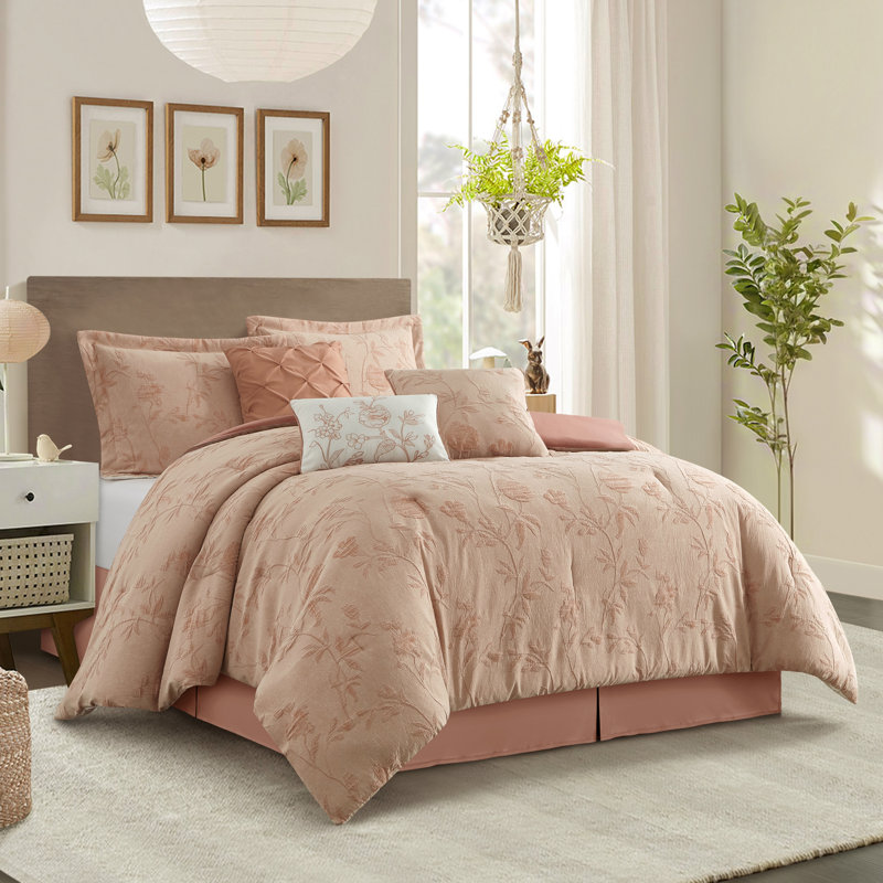 Kensley Blush 7 Piece Floral Comforter Set, Queen Comforter  + 2 Shams + 3 Accent Pillows