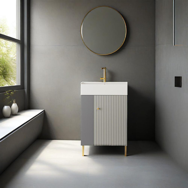 Meuble-lavabo à tablettes ouvertes de 21,6 po avec lavabo en céramique et porte à fermeture en douceur, armoire de rangement à tablettes ouvertes sur le côté gauche
