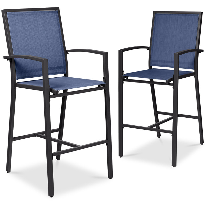 Ensemble de 2 tabourets de bar d'extérieur, hauteur de bar avec filet toutes saisons, Noir et bleu marine