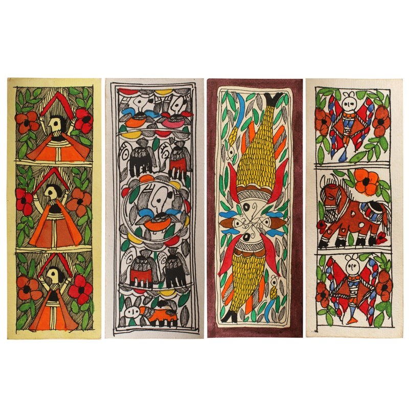 Multicolore Madhubani (ensemble de 4) | Madhubani l'art du Bihar