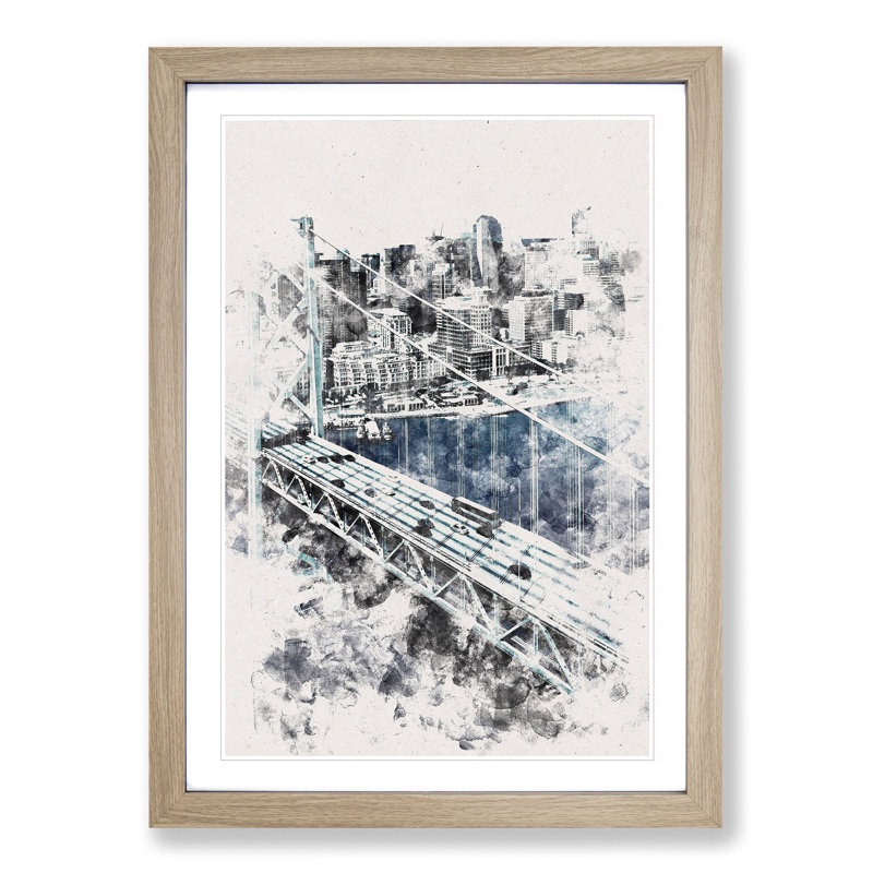 San Francisco Oakland Bay Bridge Abstract - Picture Frame Graphic Art Print, 45cm H x 33cm W x 2cm D, Oak Framed