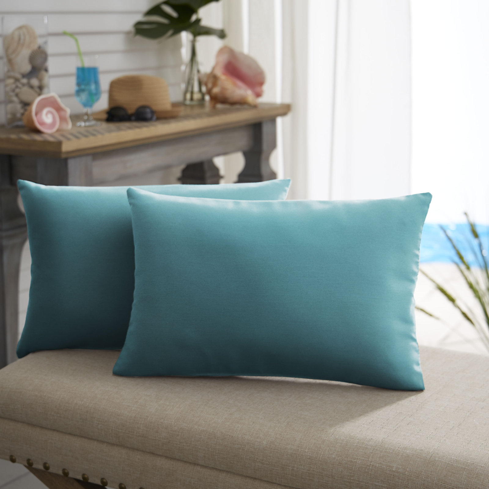 Almeda Indoor/Outdoor Lumbar Throw Pillow, Aqua Blue, 12" x 18"