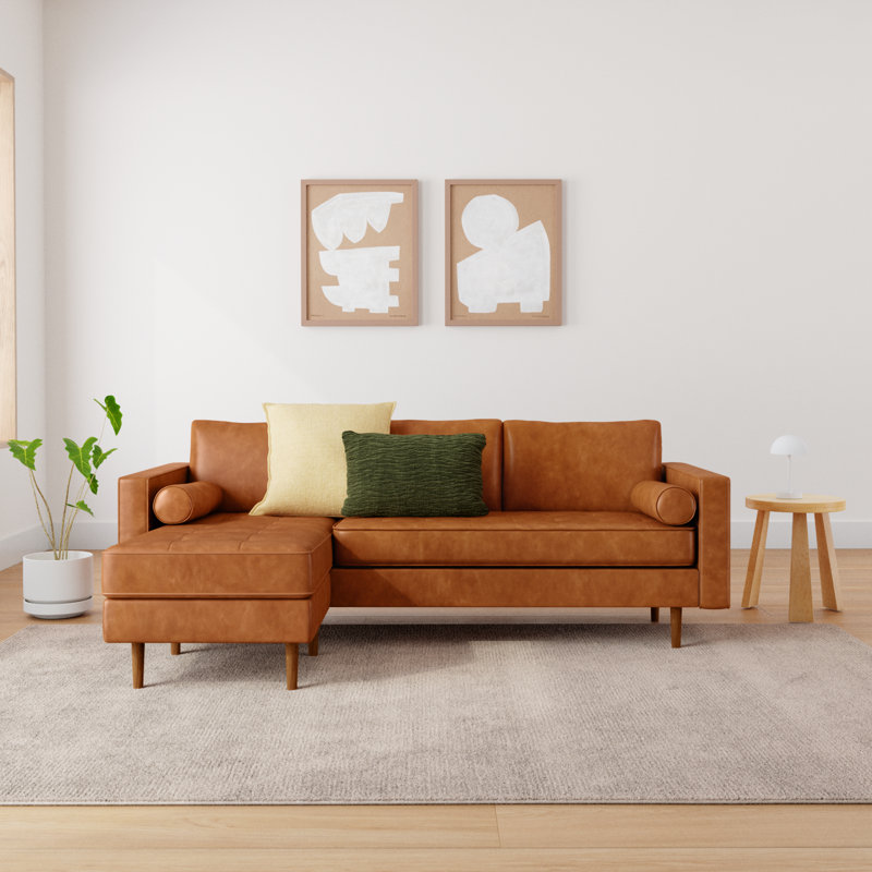 Pritchett 84" Wide Vegan Leather Reversible Modular Sofa & Chaise, Saddle Tan Vegan Leather
