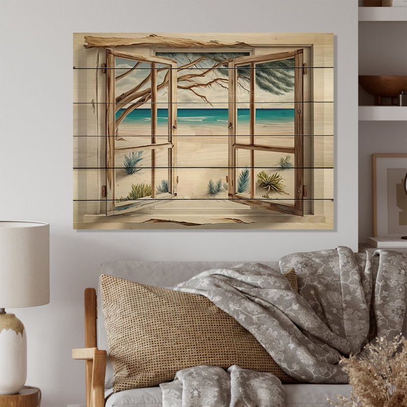 Fenêtre sur la plage I - impression sur bois sans cadre, H 30 po x l 40 po x P 1,5 po