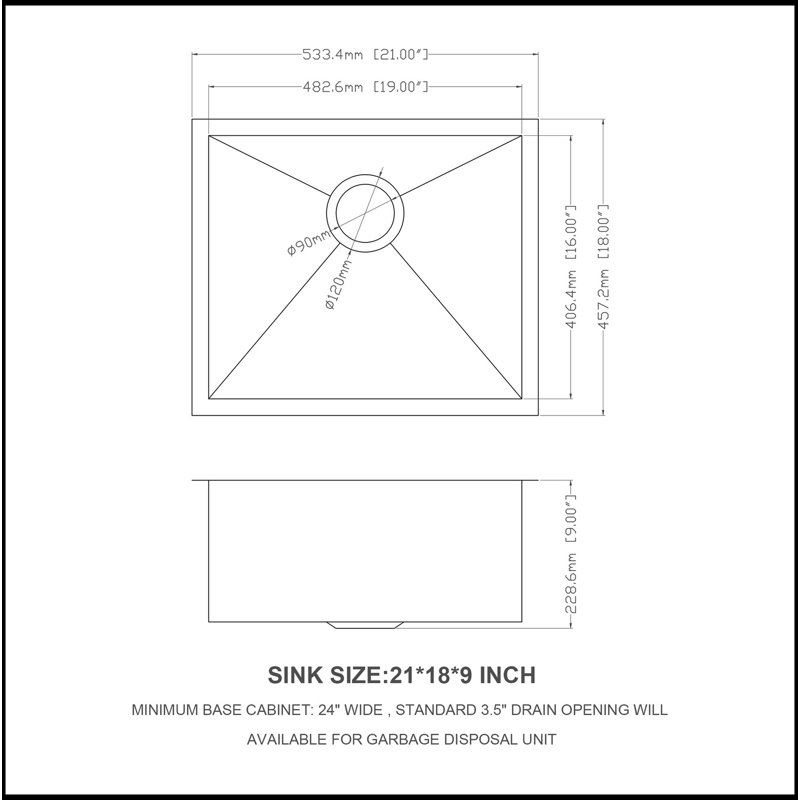 Évier de cuisine en acier inoxydable encastrable 21 po x 18 po x 9 po à cuve simple 9 pouces de profondeur et calibre 18