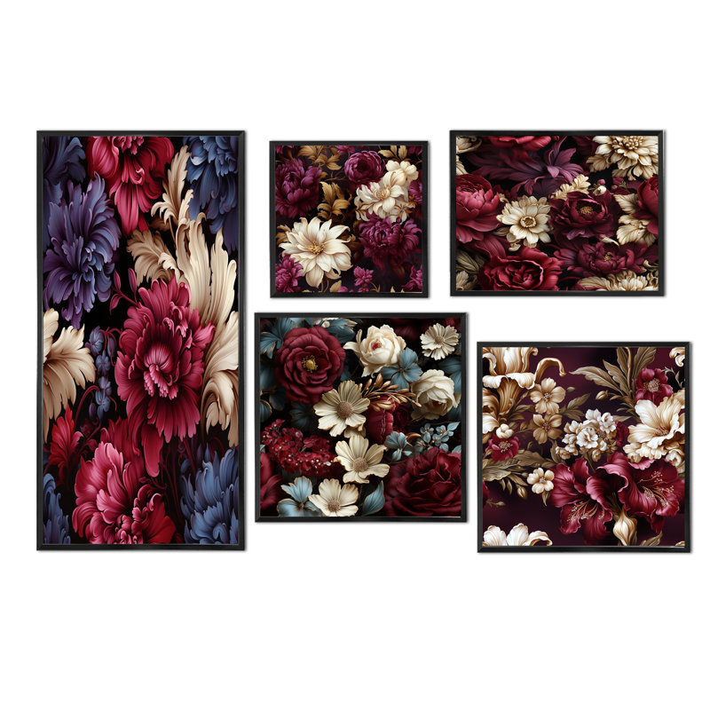 Victorian Renaissance Revival Victorian Pattern - Floral Canvas Art Print Set Of 5, Black Floater Framed
