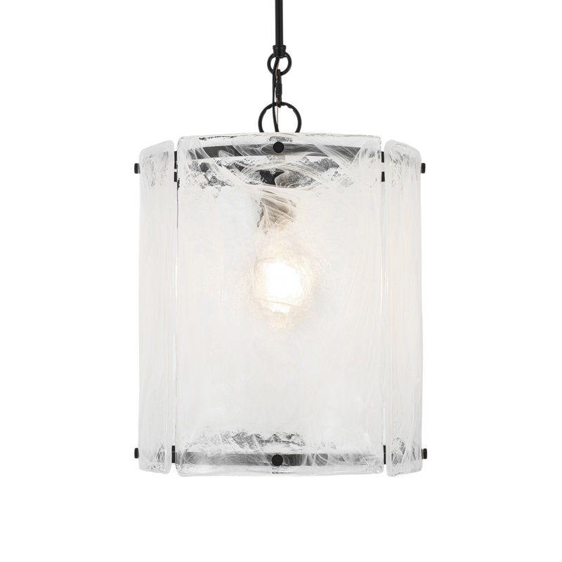 Suspension cylindrique en verre texturé dépoli à une lumière, fabriquée à la main, Blanc filé, Noir